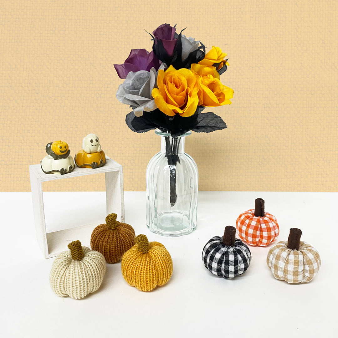 リラックスハロウィンレジンオブジェ / 毛糸編みパンプキン / ギンガムチェック柄パンプキン / オータムカラーローズブッシュ